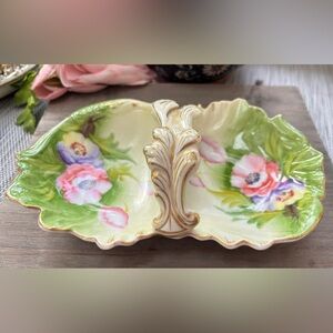 Vintage Porcelain Divided Dish: Hand-Painted Pink Roses, Gold Accent